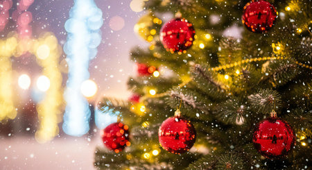 Celebrate joyful winter holidays with a beautifully decorated Christmas tree in snowの素材