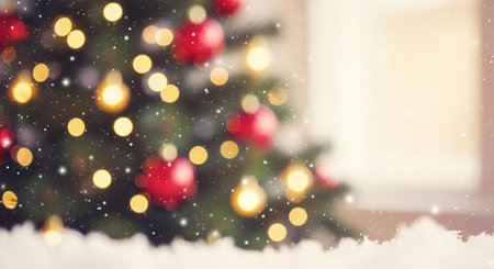 Beautiful Christmas tree with red ornaments and golden lights creating festive moodの素材