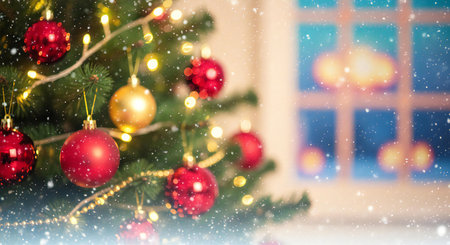 Celebrate Christmas with a stunning tree, adorned with vibrant red and gold ornamentsの素材