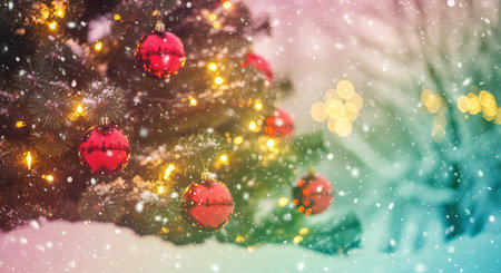 Festive Christmas tree with red ornaments and twinkling lights during a snowy winterの素材