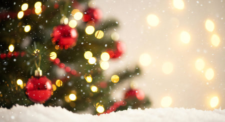 Festive Christmas magic with bokeh lights and snow falling on a decorated fir treeの素材