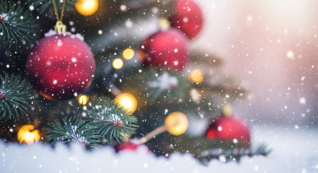 Festive Christmas tree adorned with red ornaments and lights in gently falling snowの素材