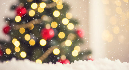 Magical Christmas tree glows with warm lights and falling snow for holiday cheerの素材