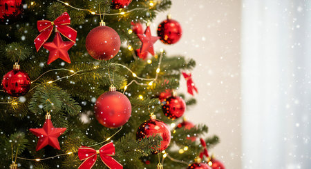 Sparkling Christmas tree with red ornaments and falling snow evokes holiday cheerの素材