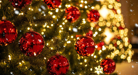 Capture the magic of Christmas with this glowing tree and elegant red ornamentsの素材