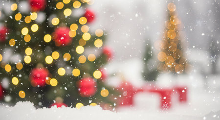 Dreamy Christmas tree scene with soft bokeh lights and falling snow for holiday projectsの素材