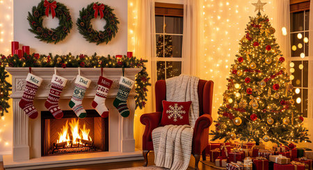 Cozy Christmas Eve by the Fireplace with Stockings and Presents under the Treeの素材