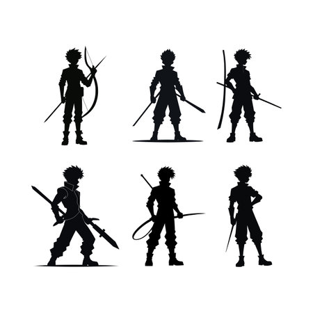 Set of silhouettes of medieval warriors isolated on white background. Vector illustration.のイラスト素材