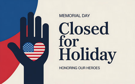 memorial day illustration with hand holding american flag heart and closed for holidayの写真素材