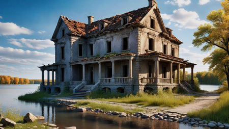 Old house on the bank of the river in autumn. 3d renderingの素材