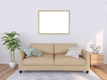 Blank photo frame mockup with plant and sofa in white wall background. poster and frame mockup
