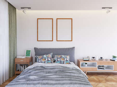 Interior Bedroom Frame Photo Mockup. 3D Rendering, 3D illustration.の写真素材