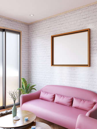 Interior Living Room Photo Frame Mockup. 3D Rendering, 3D illustration.