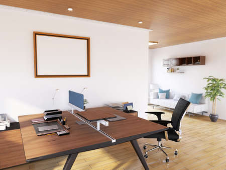 Interior Office Room Photo Frame Mockup. 3D Rendering, 3D illustration