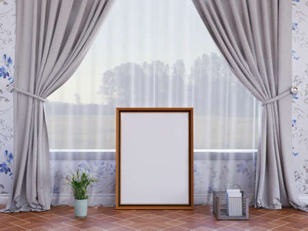 Blank Photo Frame Mockup on The Floor. 3D Rendering, 3D illustration.の写真素材