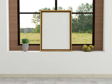 Blank Photo Frame Mockup on The Window. 3D Rendering, 3D illustration.の写真素材