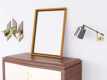 Blank Photo Frame Mockup on The Desk. 3D Rendering, 3D illustration.
