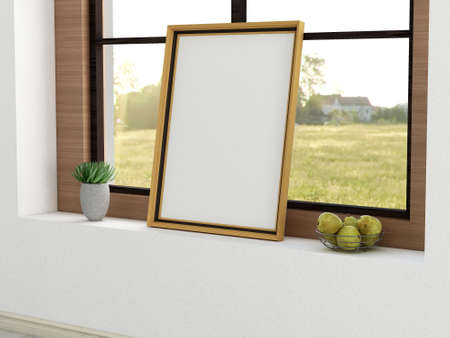 Blank Photo Frame Mockup on The Window. 3D Rendering, 3D illustration.の写真素材