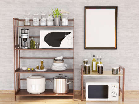 Interior Kitchen Room Photo Frame Mockup. 3D Rendering, 3D illustration.の写真素材