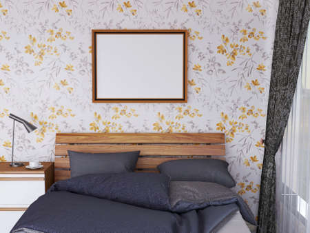 Interior Bedroom Photo Frame Mockup. 3D Rendering, 3D illustration.