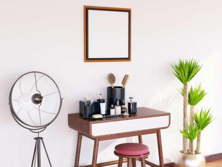 Photo Frame Mockup on the Makeup Table. 3D Rendering, 3D illustration.の写真素材