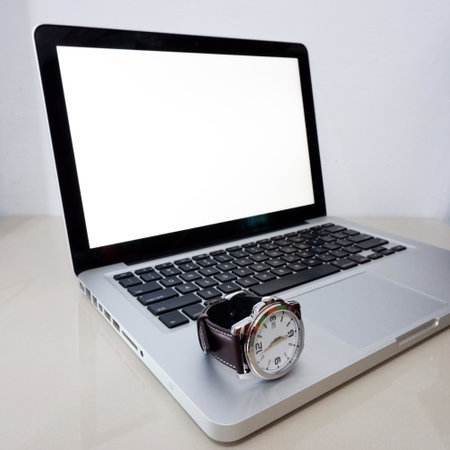 Notebook Laptop Mockup Realistic on the Deskの写真素材