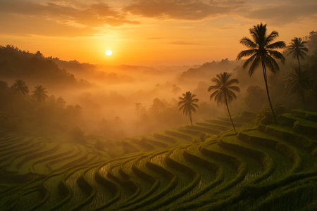 Sunrise over rice terraces in Bali, Indonesia. Rice fields in the morning.の素材