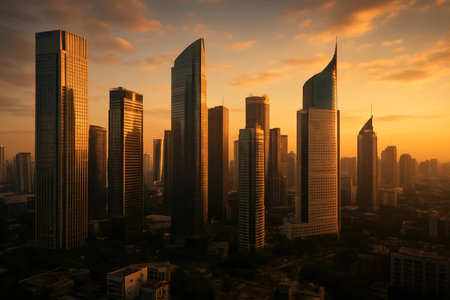 The skyscrapers of the modern city at sunset, Bangkok, Thailandの素材