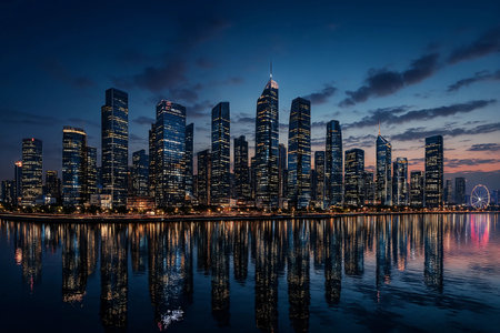 Singapore skyline at night with reflection in Singapore's financial district.の素材