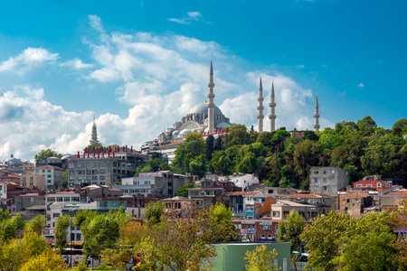Beautiful view of gorgeous historical Suleymaniye Mosque, Rustem Pasa Mosque and buildings in a cloudy day. Istanbul most popular tourism destination of Turkeyのeditorial素材