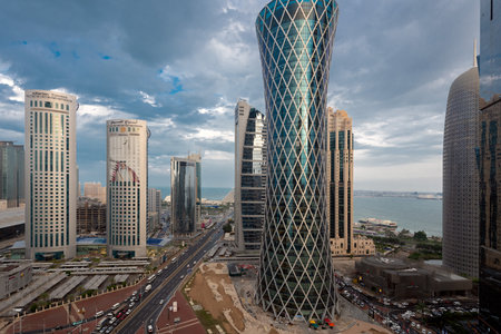 Beautiful Doha Skyline at sunset. West bay Doha Business hubのeditorial素材