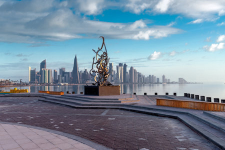 The Panoramic skyline of Doha, Qatar during sunrise