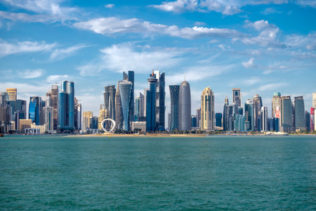The Panoramic skyline of Doha, Qatar during sunset sunrise
