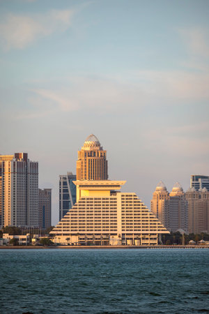 Doha skyline Sheraton grand Doha with dhow boat