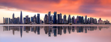 The Panoramic skyline of Doha, Qatar during sunrise