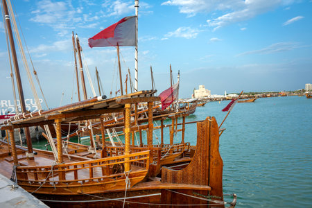 The traditional dhow on Doha Corniche, a waterfront promenade along Doha Bay in the capital city...