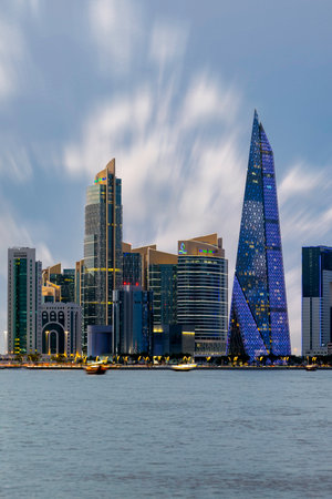 The Panoramic skyline of Doha, Qatar during sunrise