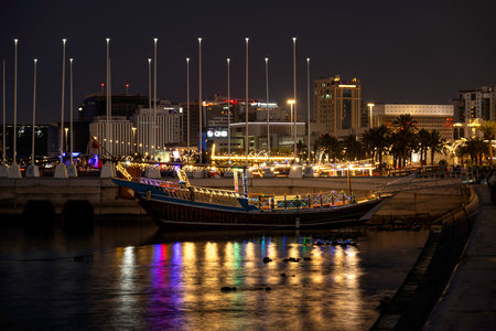 The traditional dhow on Doha Corniche, a waterfront promenade along Doha Bay in the capital city...