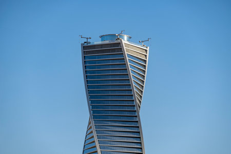 Majdoul Tower, Al majdoul tower, Twisted tower at aftenoon streets in capital city. Riyadh Saudi