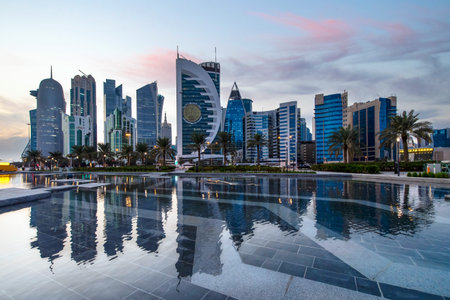 The Panoramic skyline of Doha, Qatar during sunrise