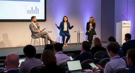 Businesswoman giving presentation in conference hall. Audience at the conference hall. Business and Entrepreneurship concept.の素材