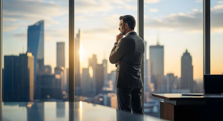 Thoughtful mature businessman standing in office and looking away with city viewの素材