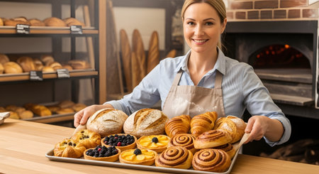 Beautiful young woman in apron holding tray with fresh buns in bakeryの素材