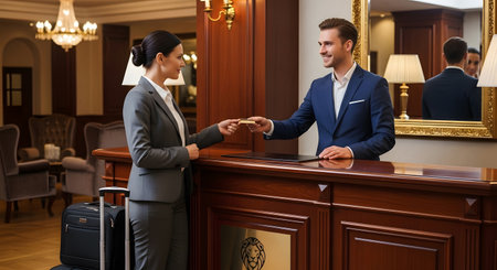 Businessman and businesswoman shaking hands at hotel reception desk. Successful business people at hotel reception.の素材