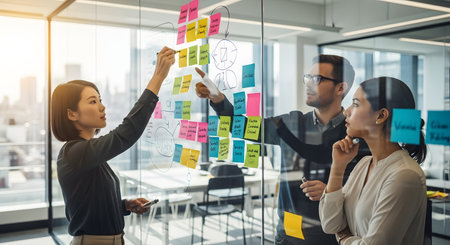 Group of business people working together in creative office with sticky notes on glass wall.の素材