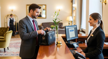 businessman and businesswoman with briefcase at reception desk in hotelの素材