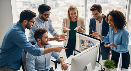 Group of young business people in smart casual wear using modern technologies while working in the officeの素材