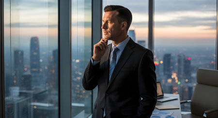 Portrait of a pensive businessman in a suit looking out the window in a modern officeの素材