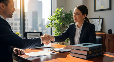 selective focus of smiling businesswoman shaking hands with businessman in officeの素材