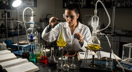 Female scientist working in chemical laboratory. Young female scientist in lab coat and glasses examining test tube with yellow liquid. Science, chemistry, biology, medicineの素材